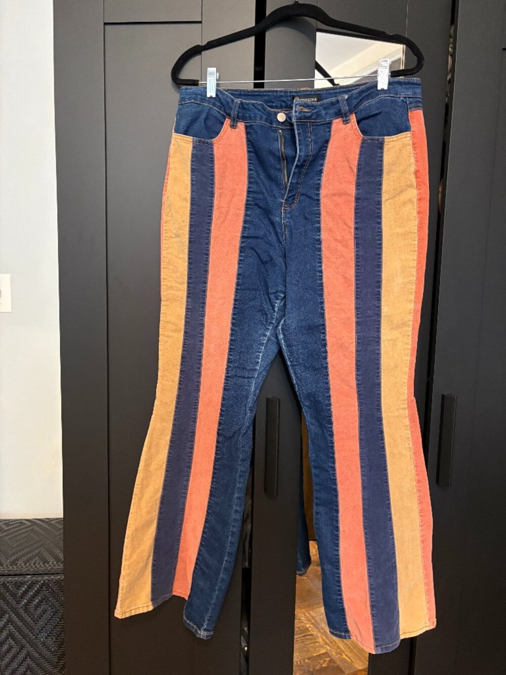 Versona Denim Wide Leg Jeans with Orange and Mustard Stripes